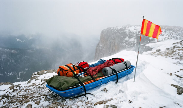  Bright blue mountain rescue toboggan loaded with emergency gear parked near a ski patrol marker flag on a foggy cliff edge, High-visibility colors against soft grey fog, wind-dusted