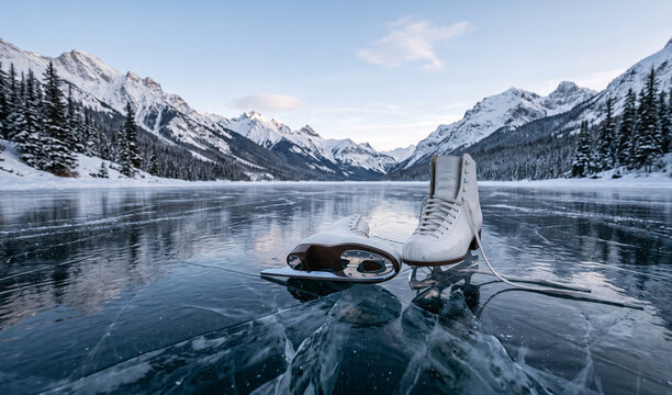 A pair of ice skates with white leather and silver blades resting on the mirror-smooth surface of a wild frozen alpine lake surrounded by snow peaks, Crystalline ice cracks 