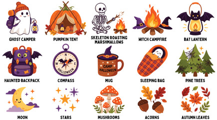 Fototapeta premium Halloween Camping Adventure Character Vector Collection Set on Transparent Background
