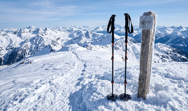  pair of technical winter trekking poles sticking into deep powder snow alongside a trail marker pole high on an icy mountain pass, Detailed snow ring basket on poles,