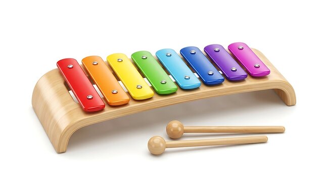 Colorful toy xylophone with two wooden mallets on white background