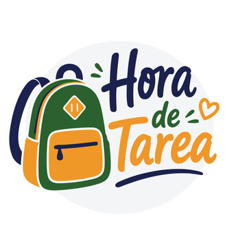 Hora de Tarea, lettering escolar en espa&ntilde;ol con mochila, regla, coraz&oacute;n y elementos decorativos, dise&ntilde;o divertido sobre estudio y deberes escolares para estudiantes, ni&ntilde;os, educaci&oacute;n y regreso a clase
