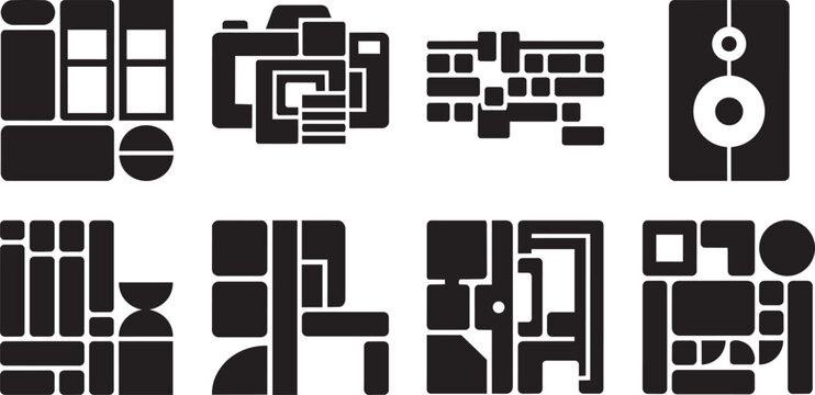 Abstract Geometric Block Set Vector Icons Displaying Camera Silhouette and Loudspeaker Interface Layouts