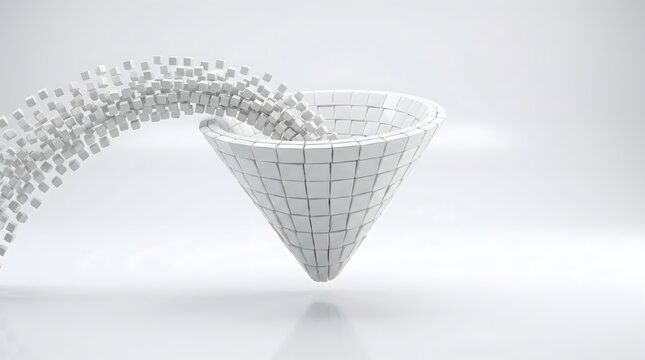 White inverted cone structure processing digital information blocks representing data filtering and conversion rate optimization