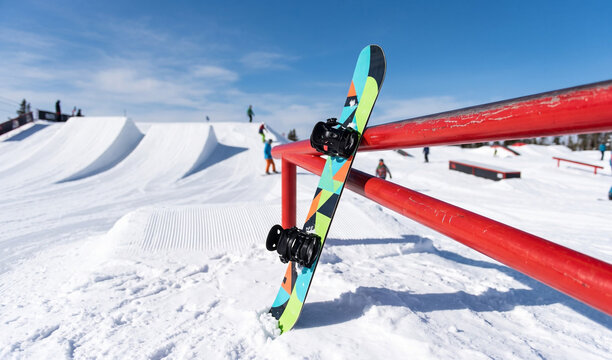  snowboard leaning against a vibrant red snow park rail on a pristine snow terrain park, Crisp rail edge detail, smooth groomed snow jump ramps, 