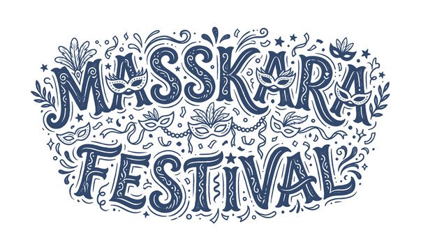 MassKara Festival Bacolod carnival mask lettering and ornate floral doodle vector illustration