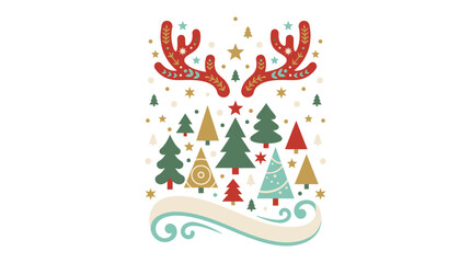 Naklejka premium Christmas design featuring stylized deer antlers and a collection of decorative festive trees.