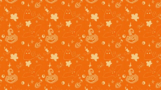 Seamless looping 2D cartoon Halloween pattern with halftone dots effect in orange and cream tones for spooky festive promotion, social media content, event invitations, dynamic party background.