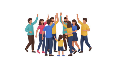 Obraz premium A diverse group of happy people, including adults and a child, celebrating success and unity with high fives in a circle.