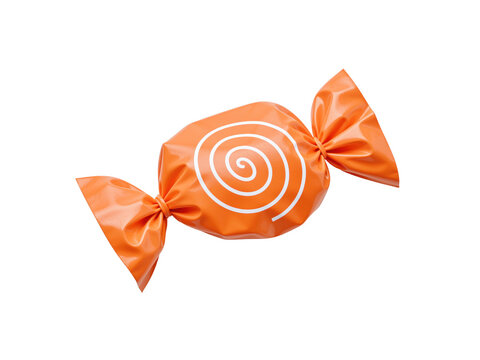 Orange wrapped hard candy with a white swirl on the wrapper, isolated on transparent background