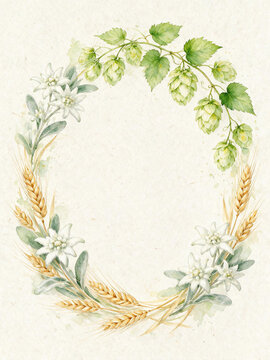 Watercolor Botanical Oktoberfest Wreath with Hops Wheat and Edelweiss Flowers