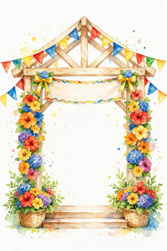 Watercolor Floral Archway with Festive Bunting Flags and Blank Banner Template