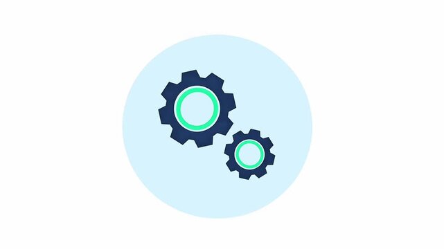2D flat animation of two spinning cogs on a blue circular background, representing industrial processes and system settings.