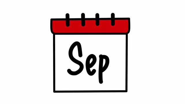 An animation hand drawn wall calendar transitioning through the year with months changing and final check mark symbolizing one year completed