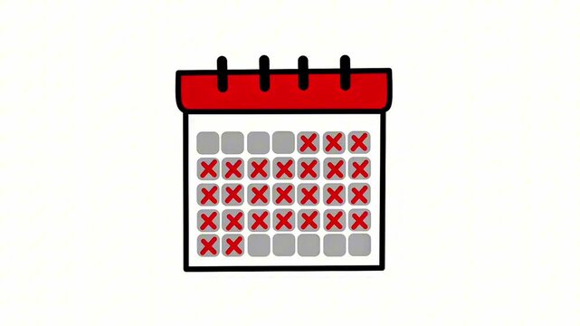 2d motion graphic showing red x marks appearing sequentially across a 30 day calendar grid followed by a final check mark at the end symbolizing one month completed daily progress and goal 
