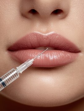 Concept of lip augmentation with a cosmetic syringe near shiny lips, close-up of a cosmetic photo.