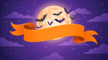 Naklejka premium Premium Halloween background with full moon and bats, orange banner with copy space, spooky night vector illustration for festive holiday design Halloween
