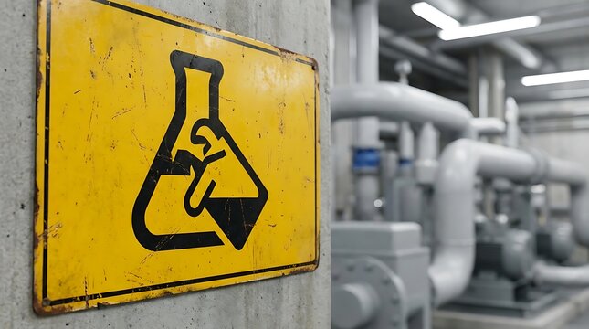 Chemical hazard warning sign mounted on a concrete wall in a facility