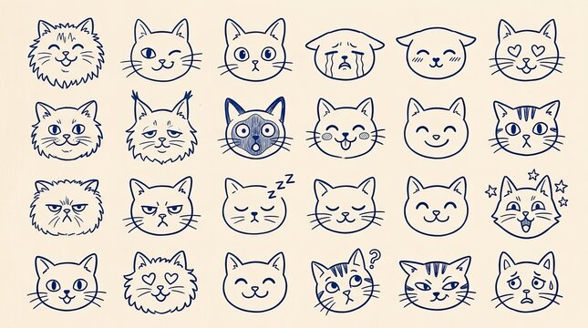 Vector drawn art cute cat faces collection sketch style emoticons and expressions with expression whiskers collection domestic character