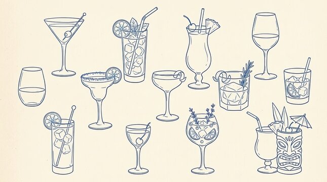 Vector drawn art assorted cocktails and mixed drinks line sketch collection on light background with cocktail beverage refreshment collection margarita tropical