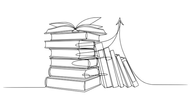 Continuous line drawing of stack of books with growth arrow, isolated on transparent background
