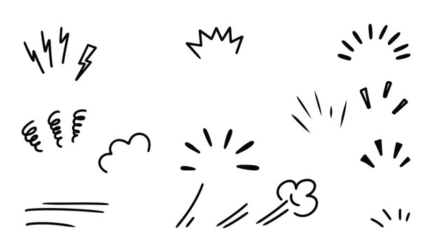 Set collection black white hand drawn comic book effect elements isolated graphic symbols decorative shapes sketch style design assets