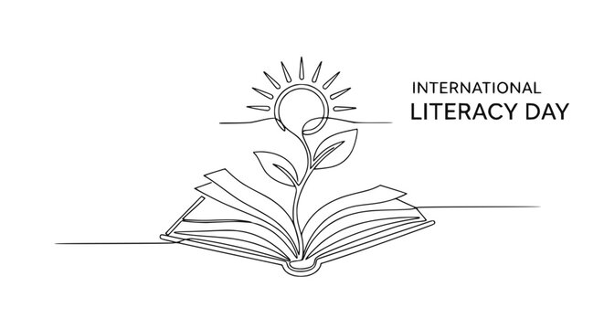International Literacy Day concept: Plant growing from open book with sun, isolated