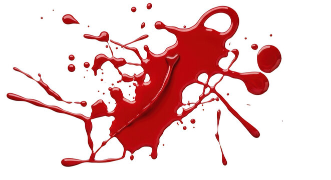 Red blood splatter on white background. Liquid paint splash for horror or medical design.