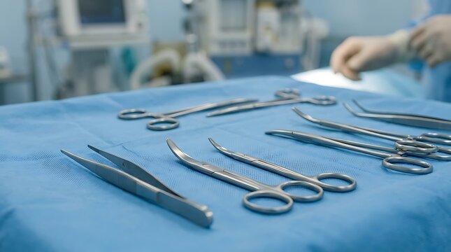 Sterile surgical instruments arranged on a blue medical cloth