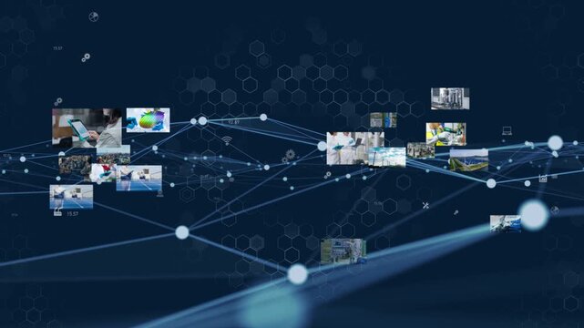 産業と通信ネットワーク。工場、工業、製造業、IIoT、DX、ICT、建設、機械、エンジニア、作業員