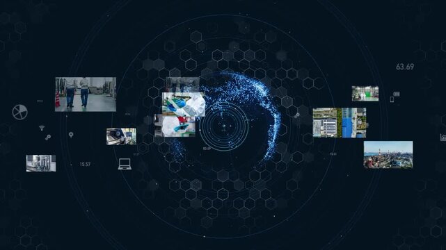 産業とテクノロジー。工場、工業、製造業、映像、半導体、建設、機械、エンジニア、作業員、DX、ICT