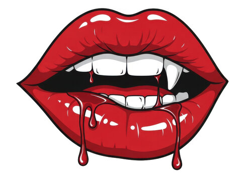 Vampire lips with dripping blood. Sexy mouth with fangs and red lipstick for horror design.