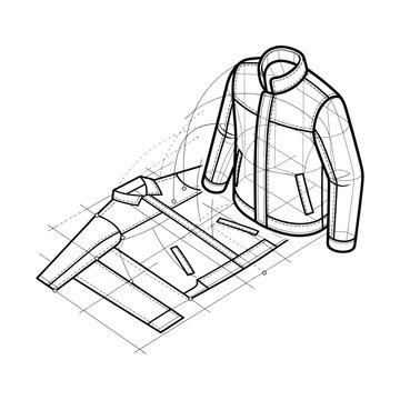 Technical drawing of jacket with 3D sketch and flat pattern layout illustrating fashion design construction