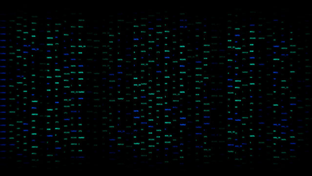 Abstract digital code columns with green and blue glowing binary numbers, programming symbols, and data stream matrix texture background