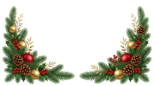 Christmas pine branch corner decoration with gold balls isolated on transparent background