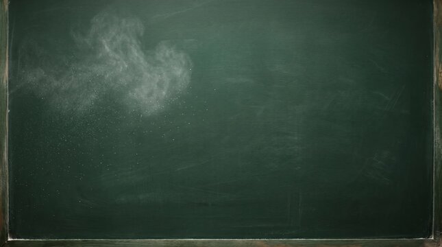 A textured dark green chalkboard surface featuring a faint cloud of white chalk dust particles