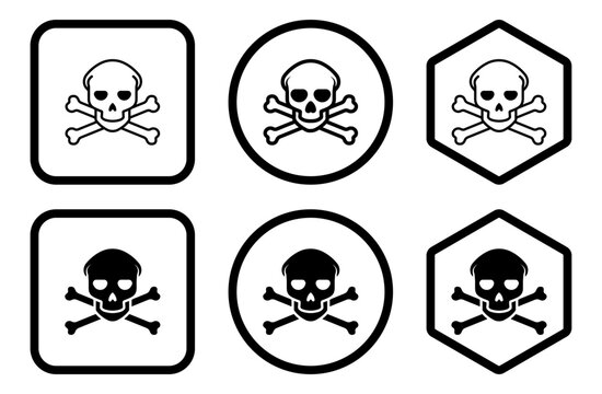 Skull, crossbones, poison, danger and hazard icons for warning signs, toxic materials, safety labels and industrial applications.