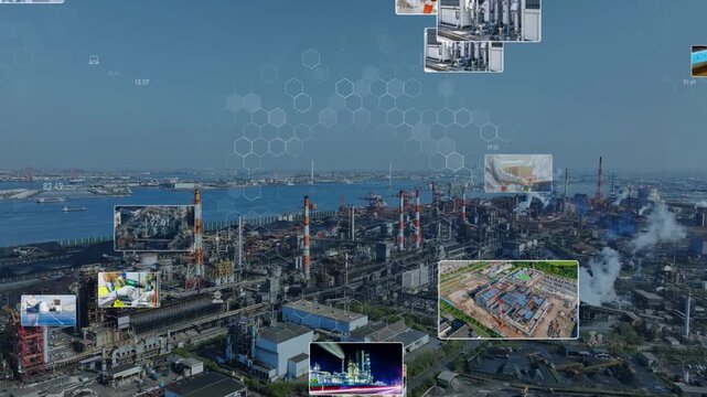産業とテクノロジー。工場、工業、製造業、映像、半導体、建設、機械、エンジニア、作業員、DX、ICT