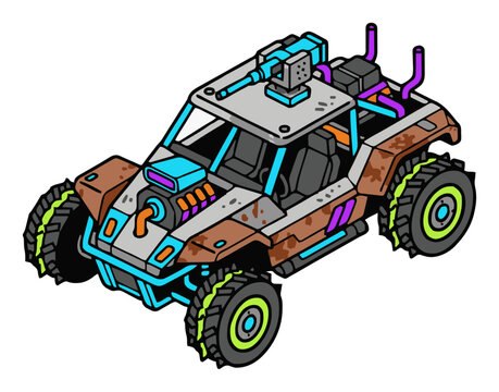 Mad max buggy isometric cyberpunk style illustration. Generative AI