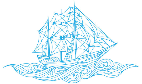 Blue line art vector illustration of a vintage sailing ship on stylized ocean waves for marine design and tattoo art