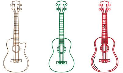Obraz premium Ukulele line art vector illustration set with three colorful acoustic string instruments in brown green and red