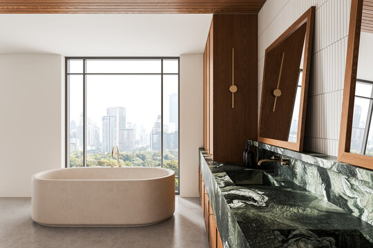Luxury modern bathroom interior with freestanding bathtub, wood cabinetry, marble vanity, and panoramic city skyline window design. 3D Rendering