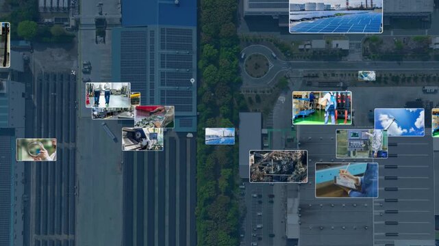 産業とテクノロジー。工場、工業、製造業、映像、半導体、建設、機械、エンジニア、作業員、DX、ICT