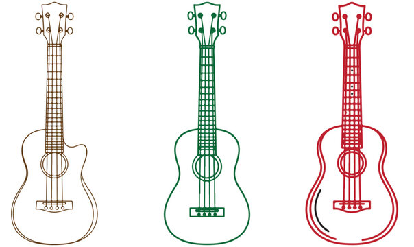 Ukulele line art vector illustration set with three colorful acoustic string instruments in brown green and red