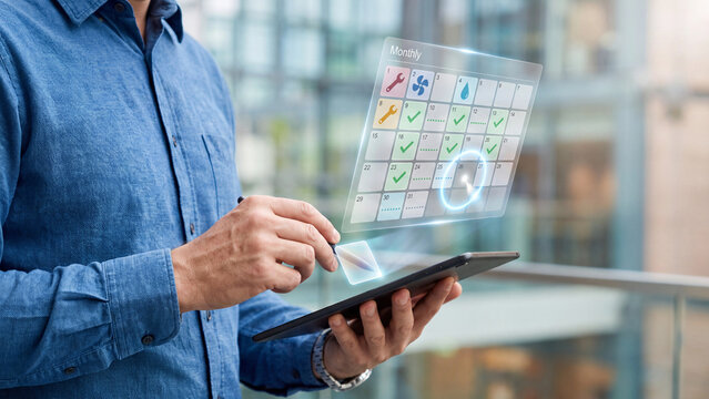 Preventive Maintenance and Schedule Concept, engineer using tablet with holographic monthly calendar, wrench, fan and water drop icons for facility maintenance planning technology
