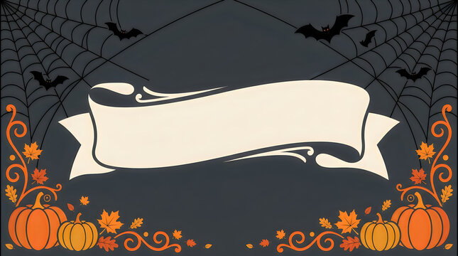 Premium Spooky Halloween empty banner template with bats and spiderwebs. Orange pumpkins and autumn leaves border. Vintage scrolling label for text. Vector decoration. Halloween