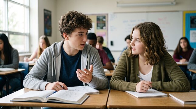 Teenage classmates discuss an assignment together while studying at desks in a bright modern classroom
