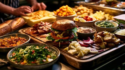 Fototapeta premium A chef-preparation composition featuring pub-food surrounded by neatly organized ingredients on a professional gastropub workstation