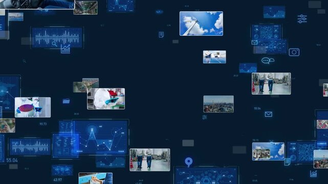 産業とテクノロジー。工場、工業、製造業、映像、半導体、建設、機械、エンジニア、作業員、DX、ICT
