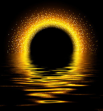 Golden glitter portal with water reflection on black background, abstract glowing stardust gate with liquid gold ripples.